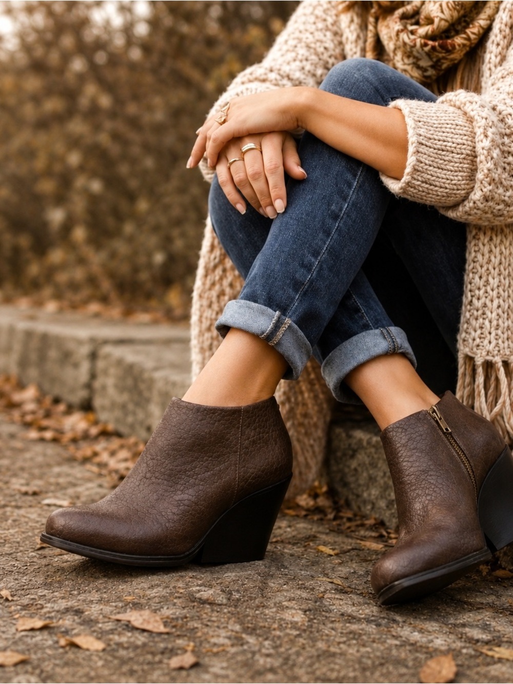 Kork-Ease Holmes Pebbled Leather Wedge Booties Brown Rustic Comfort Boots Size 8
